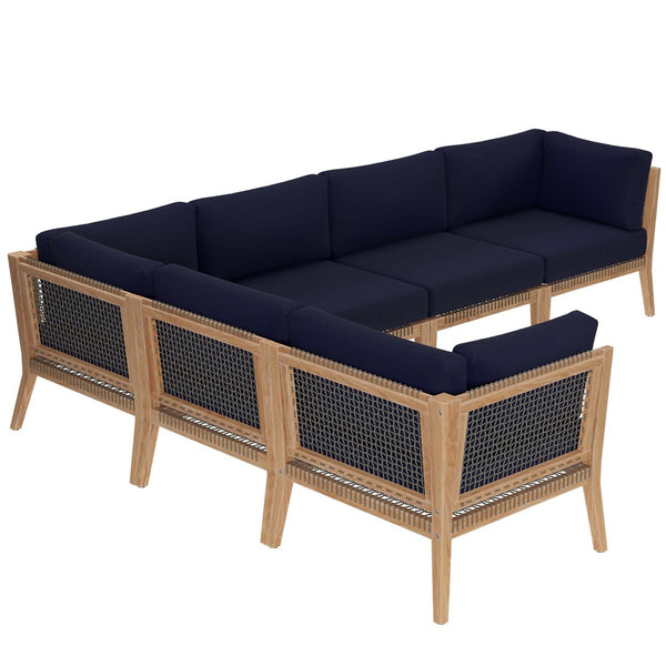 Modway Furniture Clearwater 6-Piece Outdoor Teak Wood Sectional Sofa for Cozy Coastal Living and Modern Elegance Gray Navy EEI-6125-GRY-NAV
