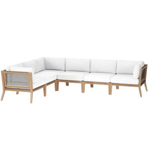 Modway Furniture Clearwater 6-Piece Outdoor Teak Wood Sectional Sofa for Cozy Coastal Living and Modern Elegance Gray White EEI-6125-GRY-WHI