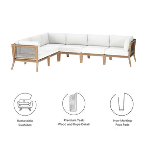 Modway Furniture Clearwater 6-Piece Outdoor Teak Wood Sectional Sofa for Cozy Coastal Living and Modern Elegance Gray White EEI-6125-GRY-WHI
