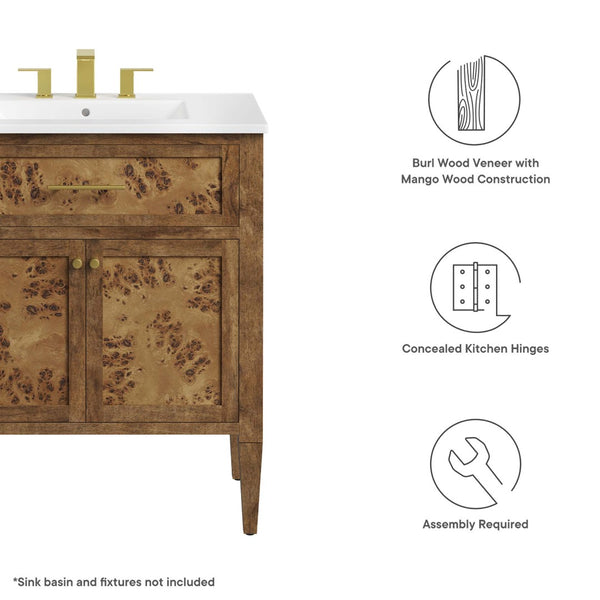 Modway Furniture Elysian 30" Bathroom Vanity Cabinet – Stylish Mango Wood with Unique Burl Veneer for Modern Spaces Brown EEI-6138-BRN