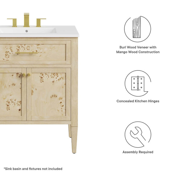 Modway Furniture Elysian 30" Bathroom Vanity Cabinet – Stylish Mango Wood with Unique Burl Veneer for Modern Spaces Burgundy EEI-6138-BUR