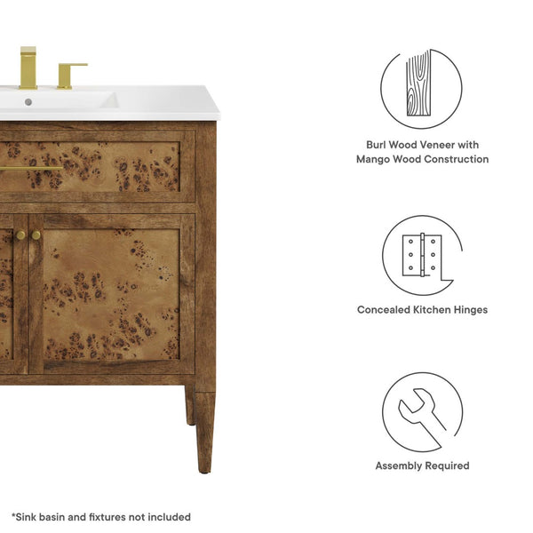 Modway Furniture Elysian 36" Wood Bathroom Vanity Cabinet - Stylish Solid Mango Design with Storage & Unique Grain EEI-6139-BRN
