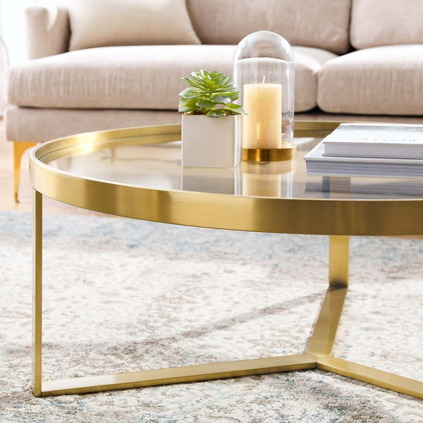Modway Furniture Relay Round Coffee Table - Modern Brushed Gold Frame with Tempered Glass Top for Stylish Living Spaces EEI-6153-GLD