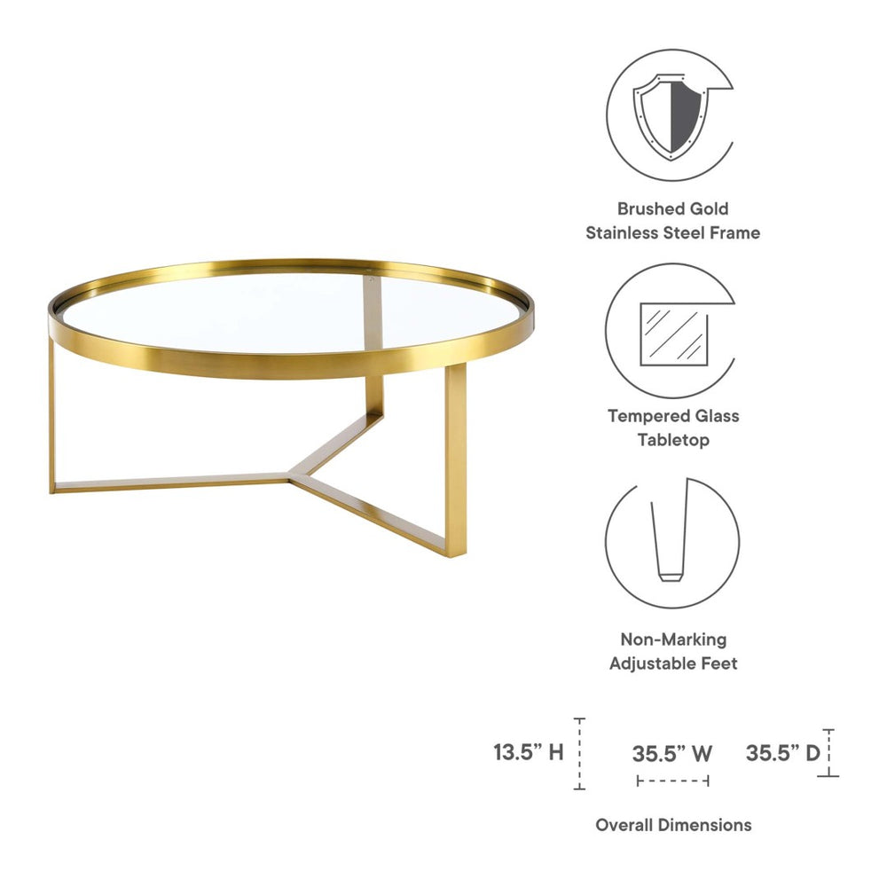 Modway Furniture Relay Round Coffee Table - Modern Brushed Gold Frame with Tempered Glass Top for Stylish Living Spaces EEI-6153-GLD