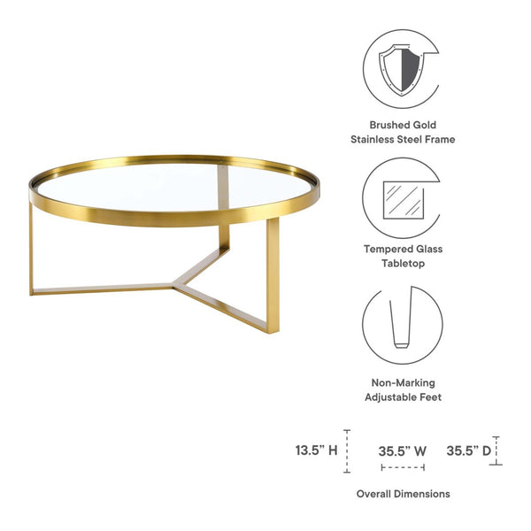 Modway Furniture Relay Round Coffee Table - Modern Brushed Gold Frame with Tempered Glass Top for Stylish Living Spaces EEI-6153-GLD