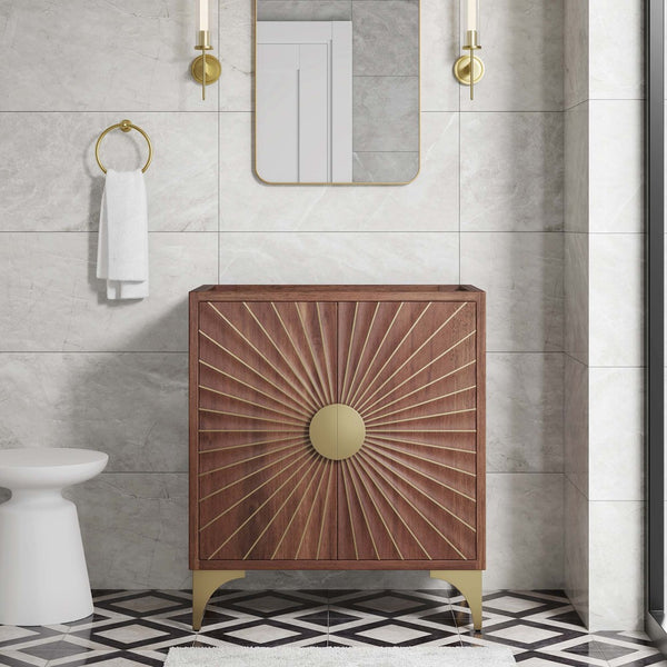 Modway Furniture Daylight 30" Bathroom Vanity Cabinet - Artisanal Mango Wood with Brass Sun-Ray Design, Walnut Finish EEI-6166-WAL