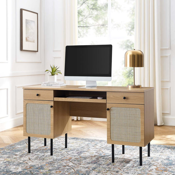 Modway Furniture Chaucer Office Desk - Stylish Rattan Design with Adjustable Storage for a Modern Workspace Aesthetic Oak EEI-6199-OAK
