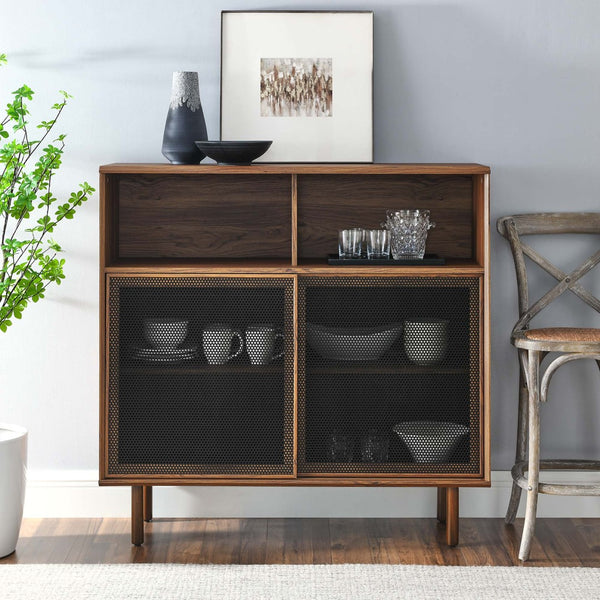 Modway Furniture Kurtis 47" Display Cabinet - Modern Industrial Storage Solution with Metal Mesh Doors and Shelves Walnut EEI-6237-WAL