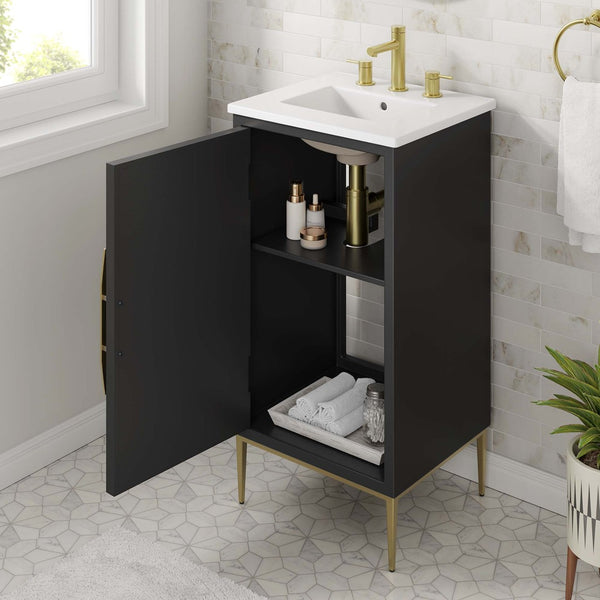 Modway Furniture Awaken 18" Bathroom Vanity - Modern White MDF Cabinet with Ceramic Sink & Gold Metal Base Design EEI-6285-WHI-BLK