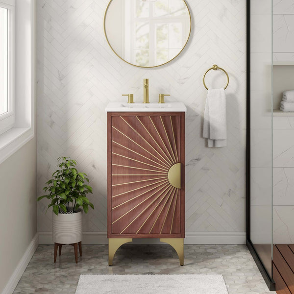 Modway Furniture Daylight 18" Bathroom Vanity - Stunning Mango Wood with Brass Accents, Integrated Sink & Storage Space EEI-6286-WHI-WAL