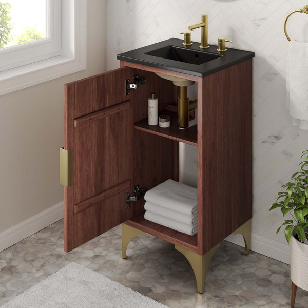 Modway Furniture Daylight 18" Bathroom Vanity - Modern Black Walnut Design with Brass Accents & Open Shelving Storage EEI-6288-BLK-WAL