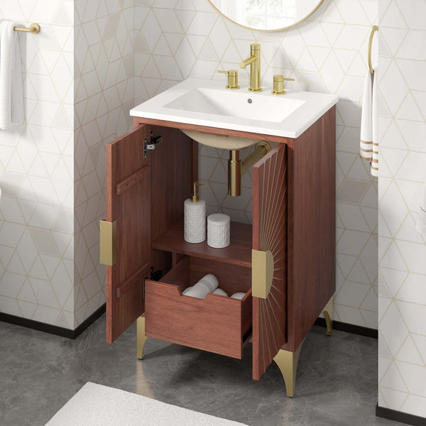 Modway Furniture Daylight 24" Bathroom Vanity - Solid Wood with Brass Accents, Integrated Sink & Stylish Storage Solutions EEI-6290-WHI-WAL