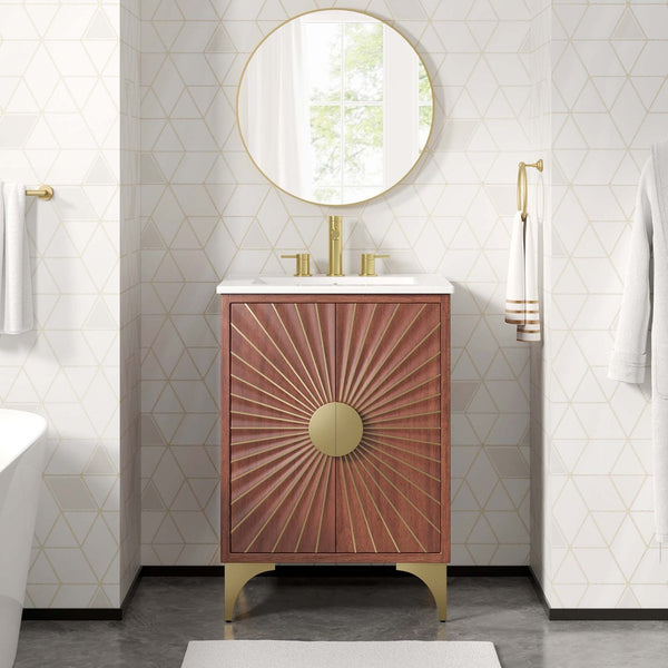 Modway Furniture Daylight 24" Bathroom Vanity - Solid Wood with Brass Accents, Integrated Sink & Stylish Storage Solutions EEI-6290-WHI-WAL