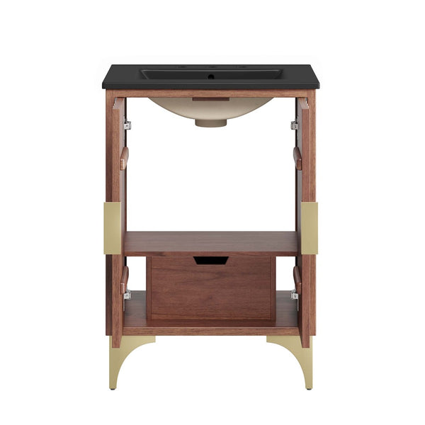 Modway Furniture Daylight 24" Bathroom Vanity - Solid Mango Wood, Brass Accents, Ceramic Sink, Ideal for Small Spaces EEI-6292-BLK-WAL