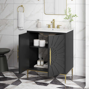 Modway Furniture Awaken 30" Bathroom Vanity - Contemporary White & Black Design with Gold Accents & Storage Solutions EEI-6293-WHI-BLK