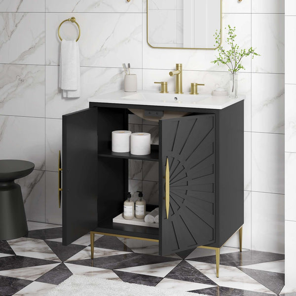 Modway Furniture Awaken 30" Bathroom Vanity - Contemporary White & Black Design with Gold Accents & Storage Solutions EEI-6293-WHI-BLK