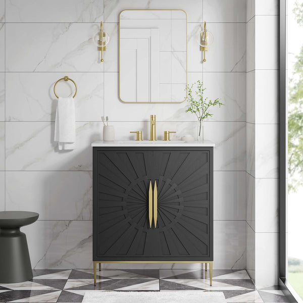 Modway Furniture Awaken 30" Bathroom Vanity - Contemporary White & Black Design with Gold Accents & Storage Solutions EEI-6293-WHI-BLK