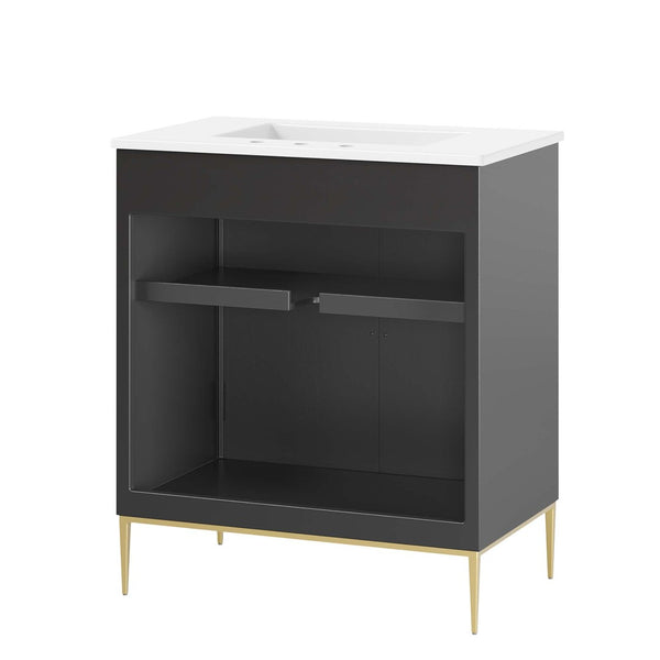 Modway Furniture Awaken 30" Bathroom Vanity - Contemporary White & Black Design with Gold Accents & Storage Solutions EEI-6293-WHI-BLK