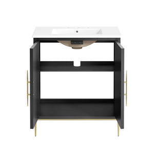 Modway Furniture Awaken 30" Bathroom Vanity - Contemporary White & Black Design with Gold Accents & Storage Solutions EEI-6293-WHI-BLK