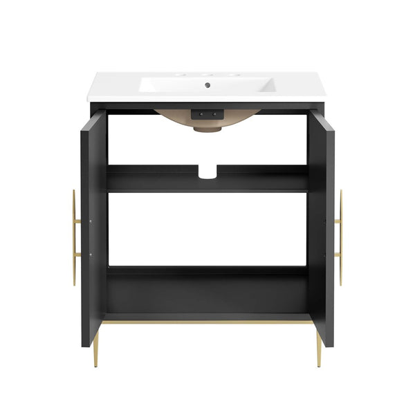 Modway Furniture Awaken 30" Bathroom Vanity - Contemporary White & Black Design with Gold Accents & Storage Solutions EEI-6293-WHI-BLK