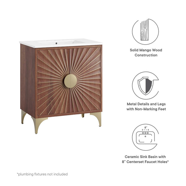 Modway Furniture Daylight 30" Bathroom Vanity - Sculptural Mango Wood with Brass Accents & Elegant Storage Solutions EEI-6294-WHI-WAL