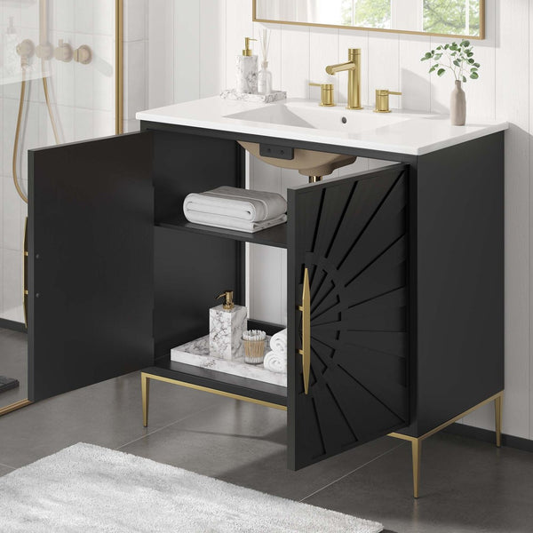 Modway Furniture Awaken 36" Bathroom Vanity - Modern White Cabinet with Gold Base, Ceramic Sink & Ample Storage Space EEI-6297-WHI-BLK