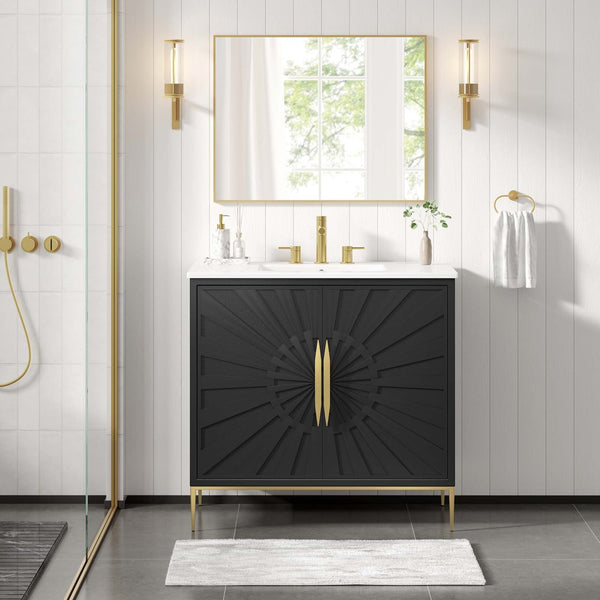 Modway Furniture Awaken 36" Bathroom Vanity - Modern White Cabinet with Gold Base, Ceramic Sink & Ample Storage Space EEI-6297-WHI-BLK