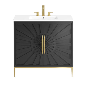 Modway Furniture Awaken 36" Bathroom Vanity - Modern White Cabinet with Gold Base, Ceramic Sink & Ample Storage Space EEI-6297-WHI-BLK