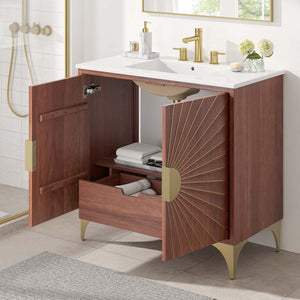 Modway Furniture Daylight 36" Bathroom Vanity - Elegant Mango Wood with Brass Accents & Ample Storage Solutions EEI-6298-WHI-WAL