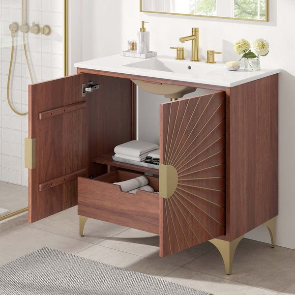 Modway Furniture Daylight 36" Bathroom Vanity - Elegant Mango Wood with Brass Accents & Ample Storage Solutions EEI-6298-WHI-WAL