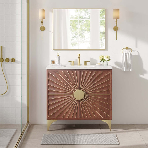 Modway Furniture Daylight 36" Bathroom Vanity - Elegant Mango Wood with Brass Accents & Ample Storage Solutions EEI-6298-WHI-WAL