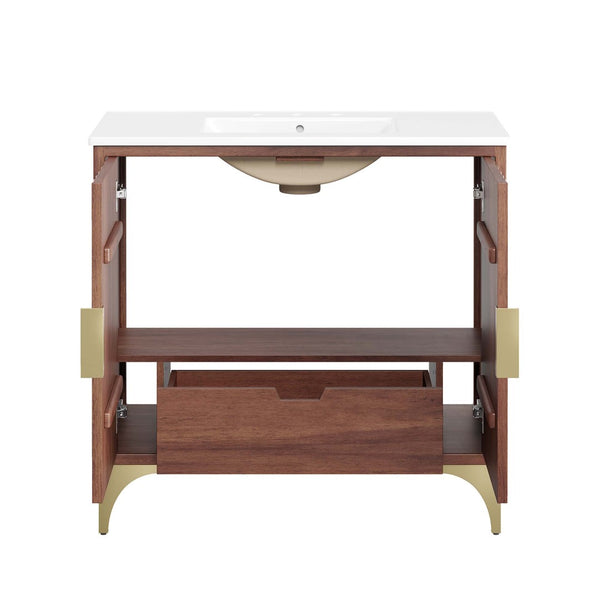 Modway Furniture Daylight 36" Bathroom Vanity - Elegant Mango Wood with Brass Accents & Ample Storage Solutions EEI-6298-WHI-WAL