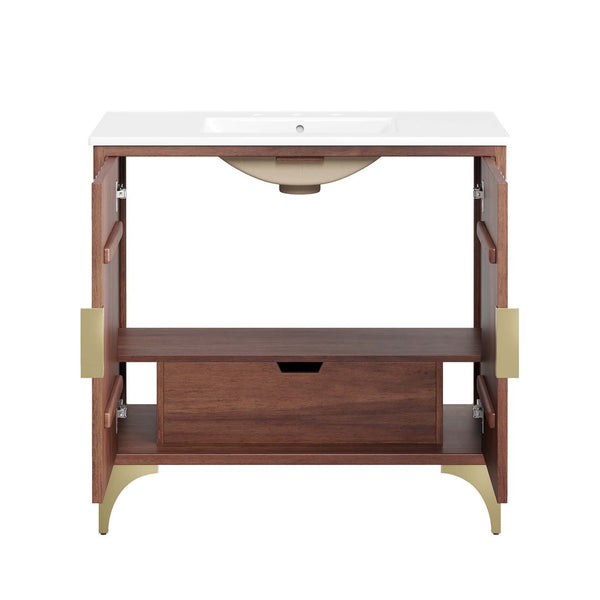 Modway Furniture Daylight 36" Bathroom Vanity - Elegant Mango Wood with Brass Accents & Ample Storage Solutions EEI-6298-WHI-WAL