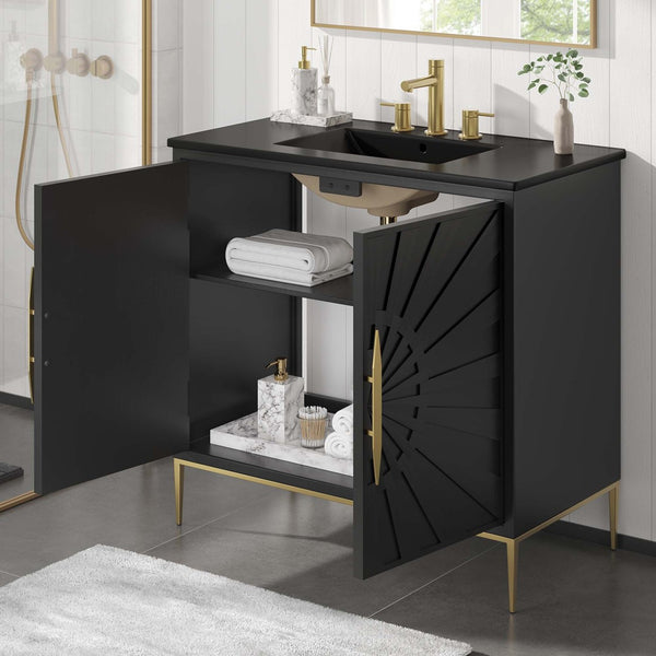 Modway Furniture Awaken 36" Bathroom Vanity - Modern Black Design with Gold Accents & Spacious Storage Solutions EEI-6299-BLK-BLK