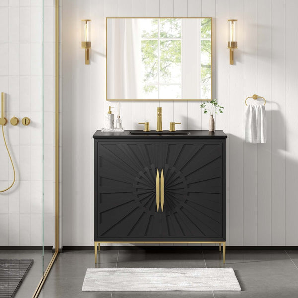 Modway Furniture Awaken 36" Bathroom Vanity - Modern Black Design with Gold Accents & Spacious Storage Solutions EEI-6299-BLK-BLK
