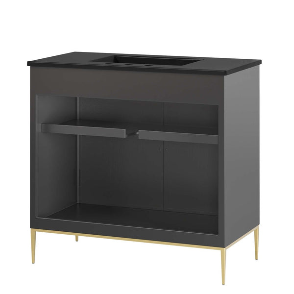 Modway Furniture Awaken 36" Bathroom Vanity - Modern Black Design with Gold Accents & Spacious Storage Solutions EEI-6299-BLK-BLK