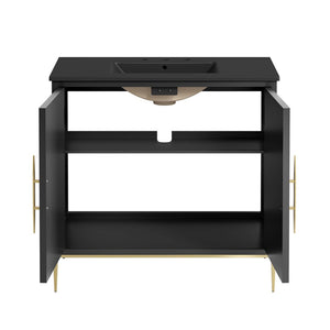 Modway Furniture Awaken 36" Bathroom Vanity - Modern Black Design with Gold Accents & Spacious Storage Solutions EEI-6299-BLK-BLK