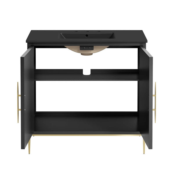 Modway Furniture Awaken 36" Bathroom Vanity - Modern Black Design with Gold Accents & Spacious Storage Solutions EEI-6299-BLK-BLK