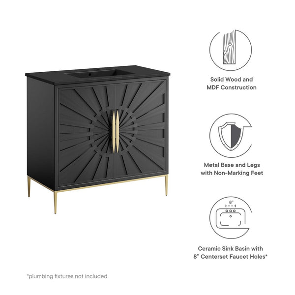 Modway Furniture Awaken 36" Bathroom Vanity - Modern Black Design with Gold Accents & Spacious Storage Solutions EEI-6299-BLK-BLK
