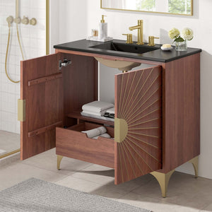 Modway Furniture Daylight 36" Bathroom Vanity - Solid Mango Wood with Brass Accents, Integrated Sink & Storage Solution EEI-6300-BLK-WAL