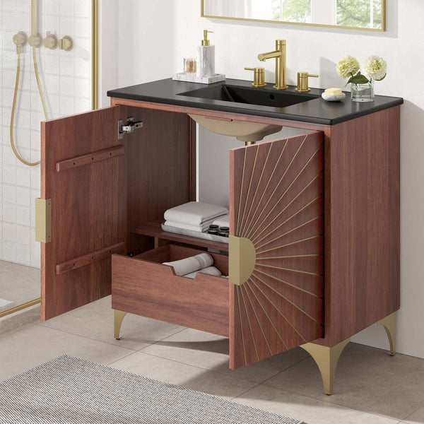 Modway Furniture Daylight 36" Bathroom Vanity - Solid Mango Wood with Brass Accents, Integrated Sink & Storage Solution EEI-6300-BLK-WAL
