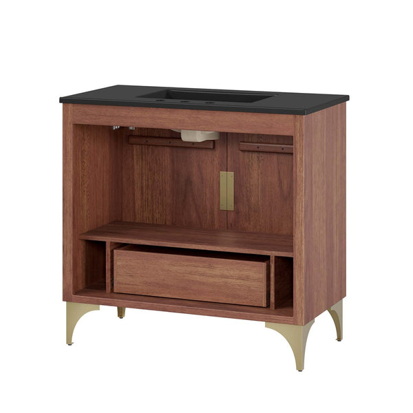 Modway Furniture Daylight 36" Bathroom Vanity - Solid Mango Wood with Brass Accents, Integrated Sink & Storage Solution EEI-6300-BLK-WAL