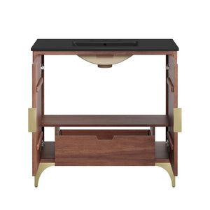 Modway Furniture Daylight 36" Bathroom Vanity - Solid Mango Wood with Brass Accents, Integrated Sink & Storage Solution EEI-6300-BLK-WAL