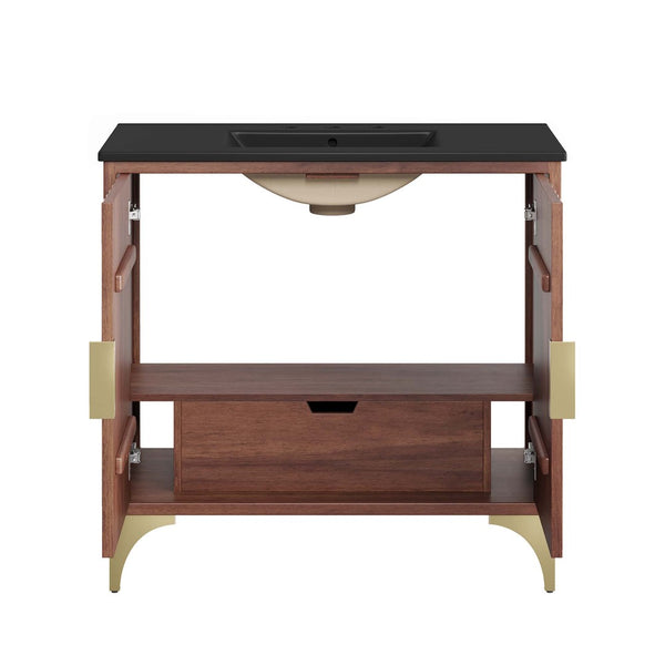 Modway Furniture Daylight 36" Bathroom Vanity - Solid Mango Wood with Brass Accents, Integrated Sink & Storage Solution EEI-6300-BLK-WAL