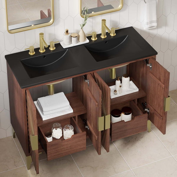 Modway Furniture Daylight 48" Modern Double Sink Bathroom Vanity - Solid Mango Wood with Brass Accents & Storage EEI-6308-BLK-WAL