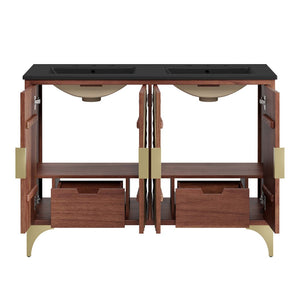 Modway Furniture Daylight 48" Modern Double Sink Bathroom Vanity - Solid Mango Wood with Brass Accents & Storage EEI-6308-BLK-WAL
