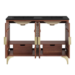 Modway Furniture Daylight 48" Modern Double Sink Bathroom Vanity - Solid Mango Wood with Brass Accents & Storage EEI-6308-BLK-WAL