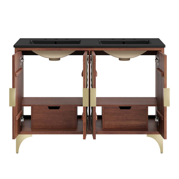 Modway Furniture Daylight 48" Modern Double Sink Bathroom Vanity - Solid Mango Wood with Brass Accents & Storage EEI-6308-BLK-WAL