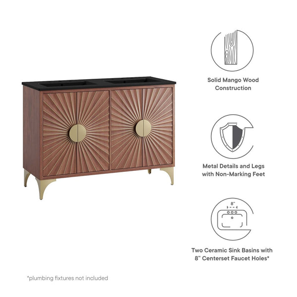 Modway Furniture Daylight 48" Modern Double Sink Bathroom Vanity - Solid Mango Wood with Brass Accents & Storage EEI-6308-BLK-WAL