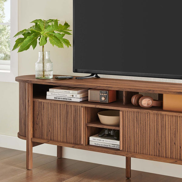 Modway Furniture Cadence 71" Curved TV Stand - Mid-Century Modern Credenza with Ample Storage & Stylish Design Walnut EEI-6310-WAL